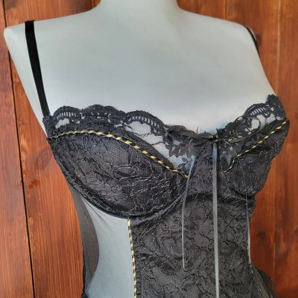 Vintage 90s Sachet Teddy Bodysuit NWT Black Lace Underwire Snap Crotch Whistle M